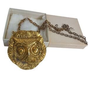 Vintage The Bombay Shop Owl Face Goldtone Statement Necklace Pendant With Box